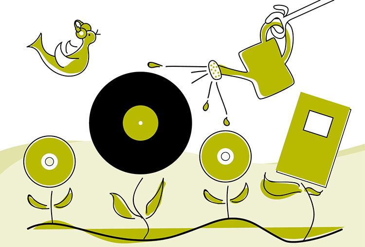Gutscheinmotiv Abstrakte Grafik, Gießkanne wässert Pflanzen mit Vinyl, CD und Buchblüten